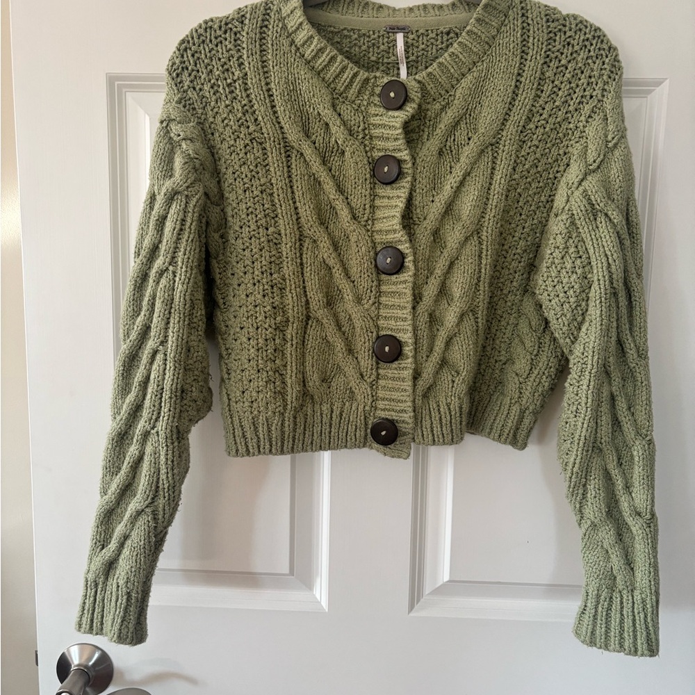Free People Olive Cable Knit Cardigan